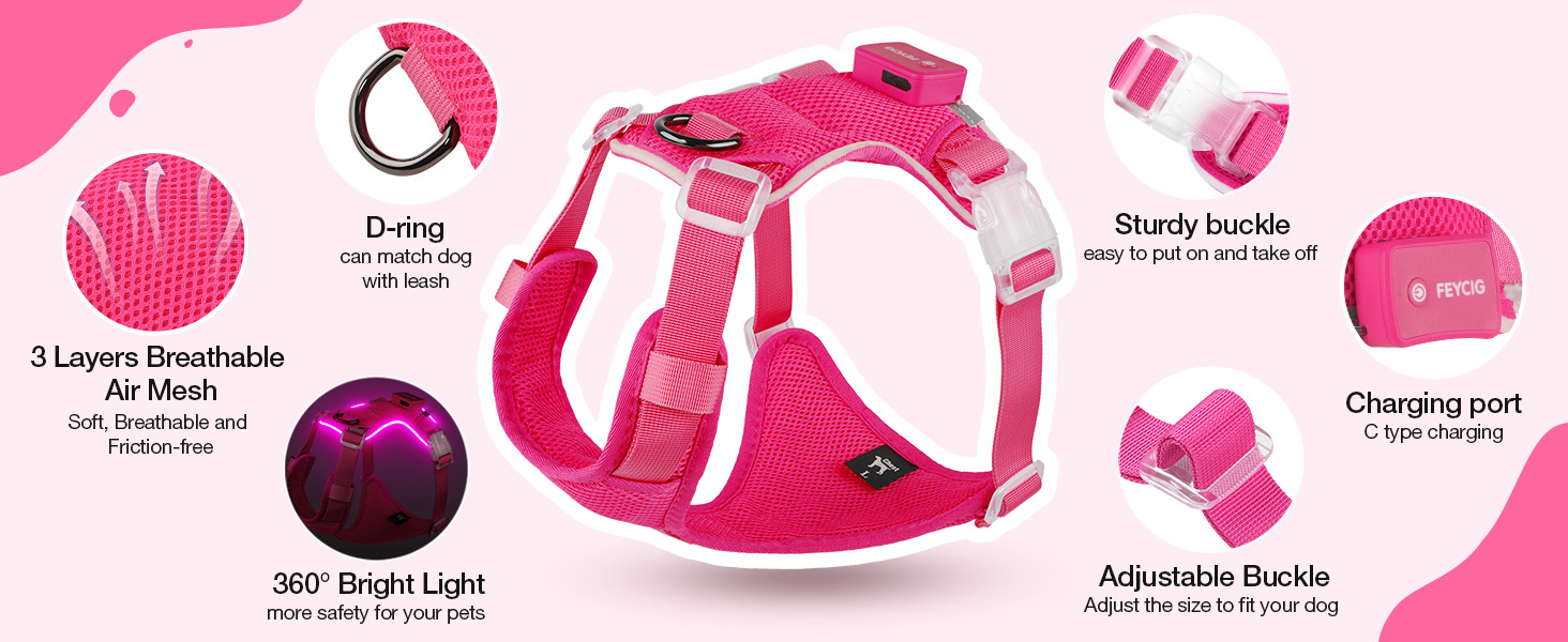 Світловідбиваючий нашийник для собак великих порід Feycig з LED підсвічуванням, акумуляторний, регульований, 3 режими світла, висока видимість (Рожевий, Medium)