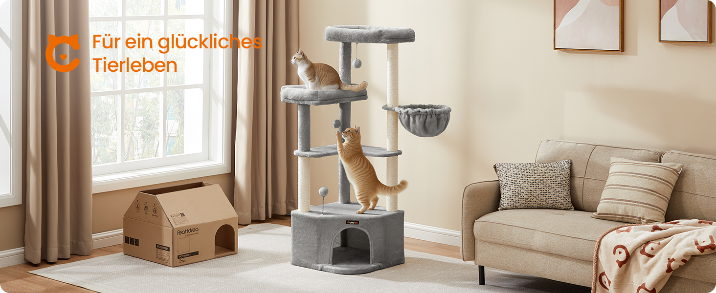 Дряпка для котів Feandrea, кігтеточка з лежаком, платформами та іграшками, 140.7 см, сірий PCT009G01