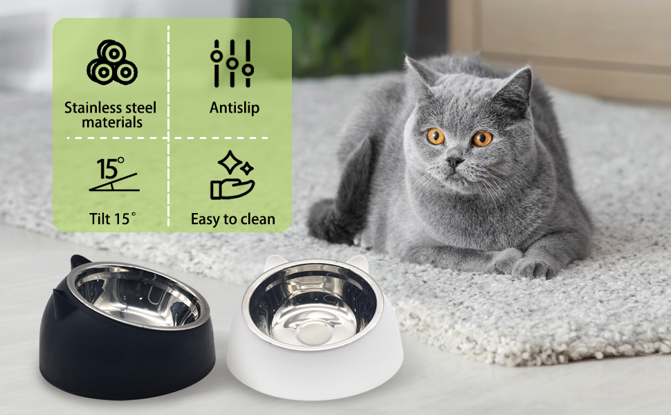 Набір мисок для котів та собак Kathson: похилі, антивитікаючі, для корму, білі та чорні