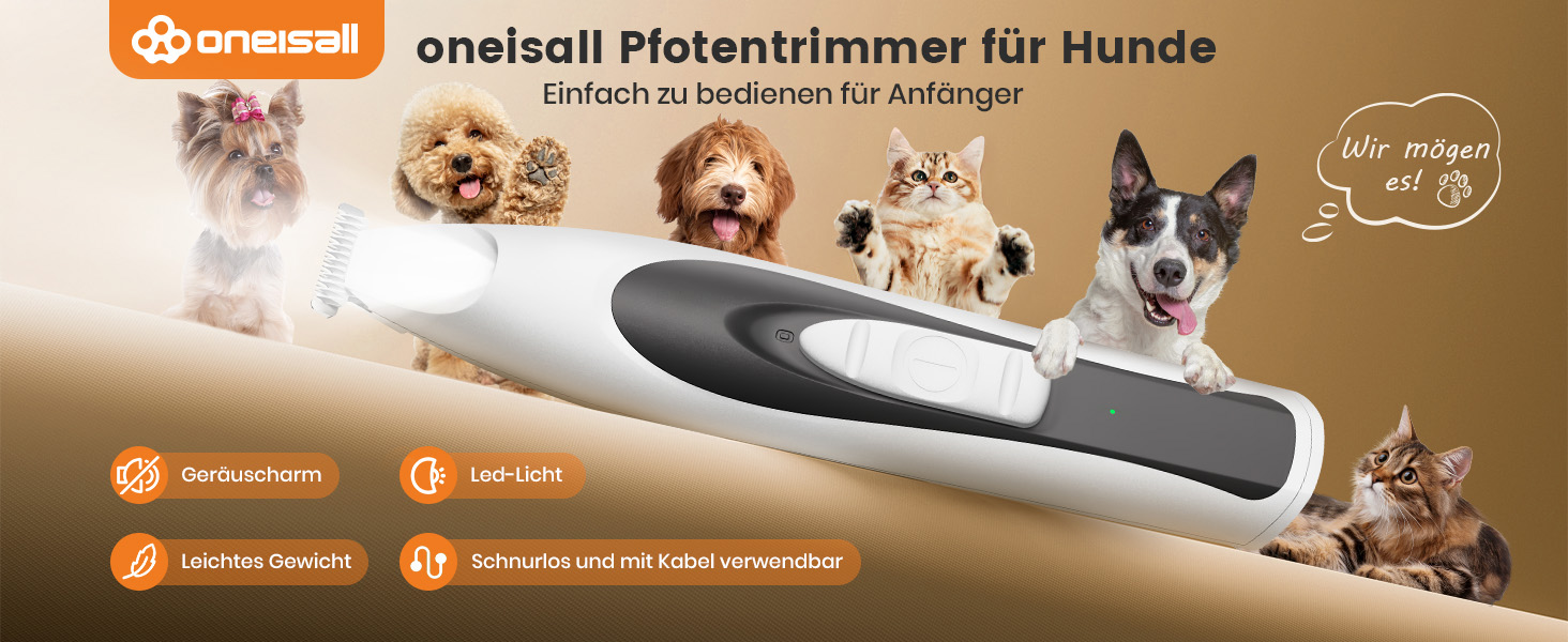 Триммер для собак Oneisall Paw Trim Pro з LED-підсвічуванням: тихий, для догляду за лапами, очима, вухами та обличчям. Бездротовий триммер для собак (білий)