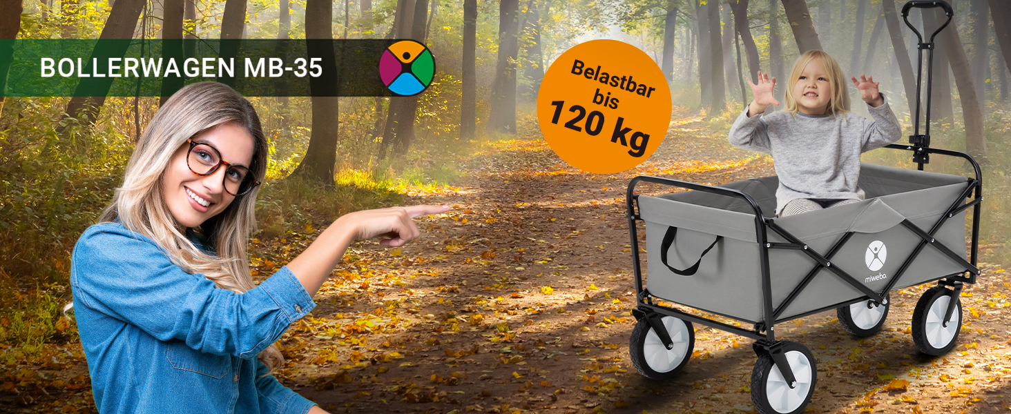Складаний візок Miweba MB-35 | Вантажопідйомність 120 кг - для дітей, саду, пляжу | Чорний/Темно-сірий
