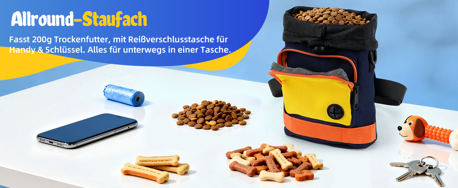 Сумка для ласощів для собак – сумка для дресирування собак з блискавкою, регульованим реміннем/лямкою. Ідеально підходить для корму для собак, телефону, ключів, пакетів для збору відходів та іграшок (Жовтий). Жовтий та Темно-синій