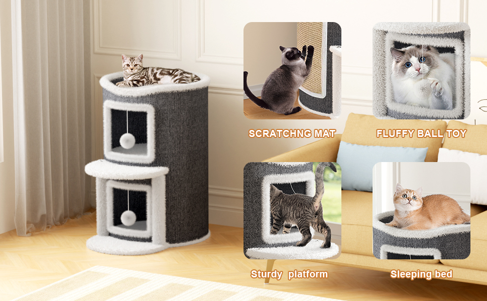 Двоповерхова кімната-будиночок для котів з когтеточкою, платформа та іграшкою, 60x40x40 см / 40x40x60 см
