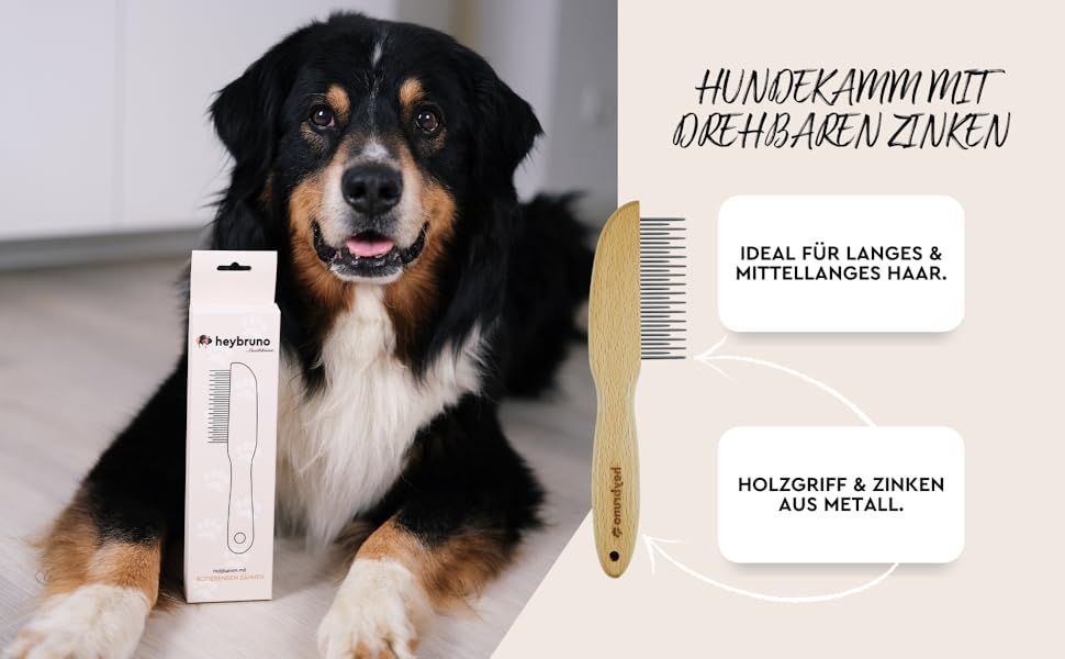 Гребінець для собак HeyBruno з обертовими металевими зубцями, для довгошерстих та великих собак, з дерева
