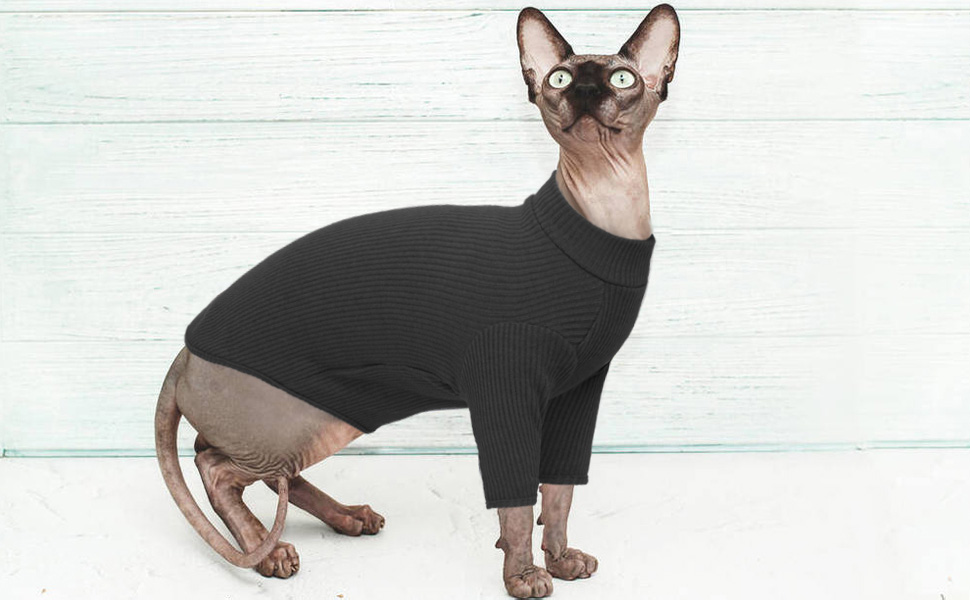 Одяг для безшерстних котів Sphynx: м'який пуловер з ролетним коміром, футболка, жилет. Чорний колір, розмір XL