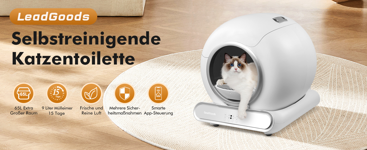 Автоматичний лоток для котів з самоочищенням, 65л, з контролем піску, керуванням через додаток, низький вхід, великий простір, для кількох котів