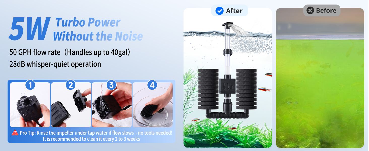 AQQA Фільтр для акваріума, електричний внутрішній фільтр для акваріума, тихий губчастий фільтр з водяним насосом 190 л/год, біологічне та механічне фільтрування, для акваріумів до 210 л (5 Вт)