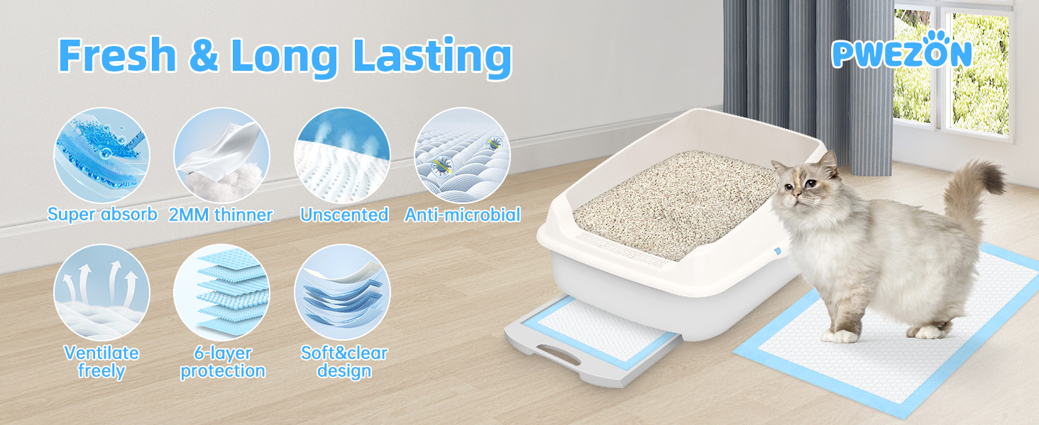 Певзон: 50 пелюшок для котячого туалету, 45x33 см, для котячих туалетів, всмоктуючі пелюшки для котів, 6-шаровий, витримують протікання (блакитні)