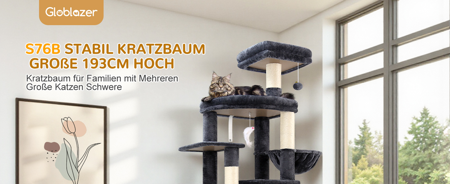 Драбина для котів Globlazer 193 см з будиночком, гамаком, великою платформою та іграшками. Стабільна для 3-5 котів (XXL, темно-сірий)