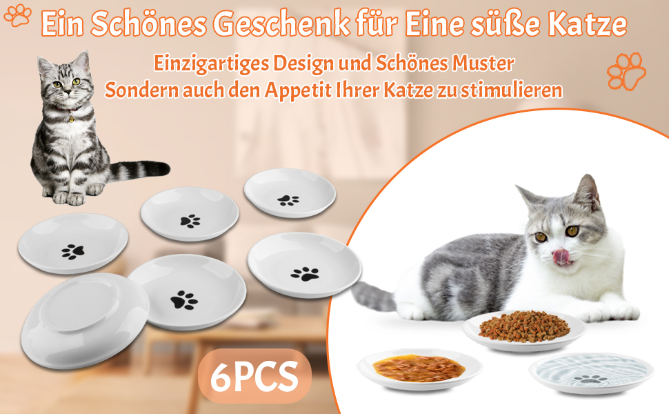 Набір мисок для котів CROUTE 6 шт. з кераміки - широкі миски для котів, анти-високочування, білий колір, з принтом лапки