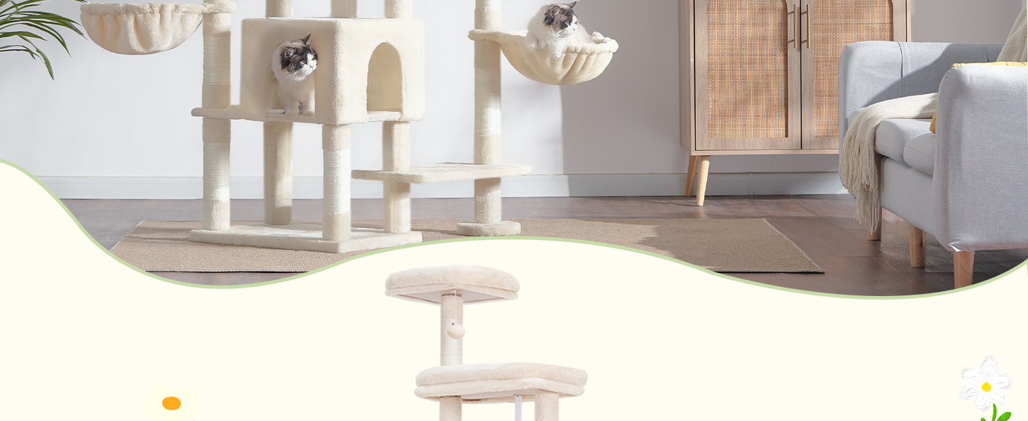 Котячий будиночок Hey-brother XXL для великих котів, 180 см, стабільний, з 3 платформами, 3 печерами та 2 котячими будиночками (Бежевий)