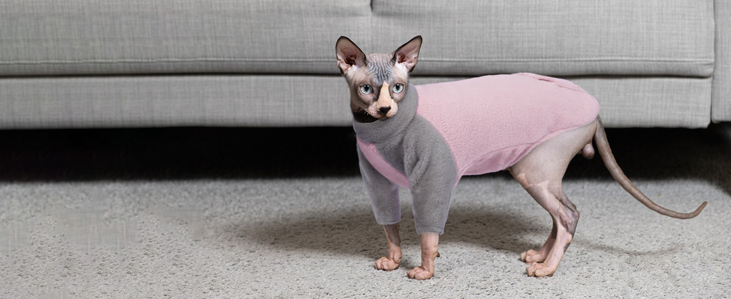 Теплий зимовий пуловер для кота Сфінкс (Рожевий, S) - Зимовий одяг для котів, флісова куртка, пуловер