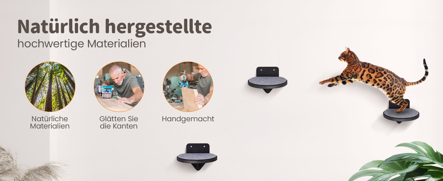 Кліматична стіна для котів XXL з берези | Набір з 3 сходинок з дряпальною поверхнею | Сходи для котів на стіну | Сітка для лазіння котів (Темний колір)