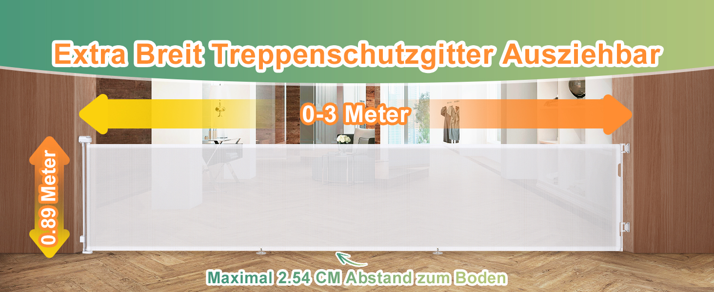 Розсувна захисна сітка для дитини та собаки, 400 см, біла. Захист для сходів/коридору/інтер'єру/екстер'єру. Висота 105 см, ширина 300 см.