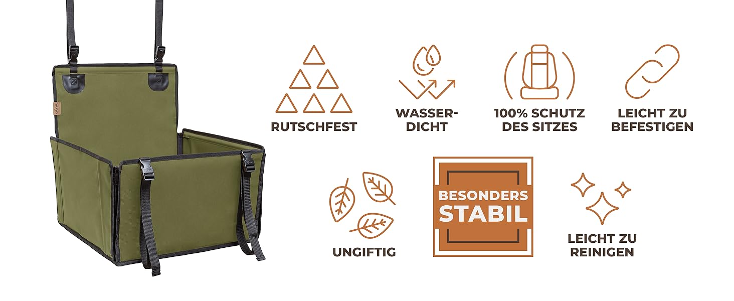 Автокрісло для собак WUGLO Extra Stabiler - надійне автокрісло для малих та середніх собак з 4 ременями кріплення, водонепроникне, колір хакі