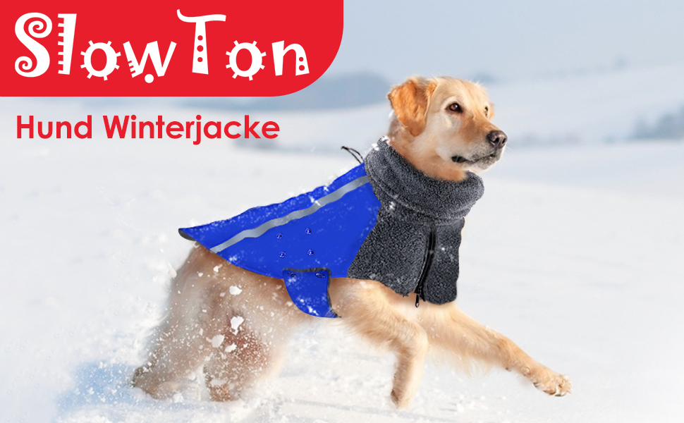 Зимова куртка для собак SlowTon з флісу, тепла та водонепроникна, з капюшоном-шарфом та світловідбиваючими смугами, регульована, для цуценят та собак (Синій, M)