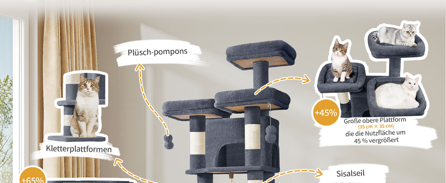 Кігтеточка для котів Hzuaneri 176 см, XL, 3 платформи, 2 печери, 7 стовпчиків, гамак, плюшеві кульки, для багатокотових сімей, темно-сірий MS17618SG