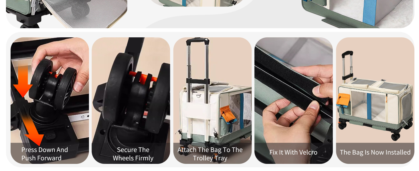 PETCUTE Транспортна сумка для тварин на 2 котів/собак з 2 відділеннями та знімними колесами, дихаюча, для подорожей, прогулянок, кемпінгу, бежево-коричнева