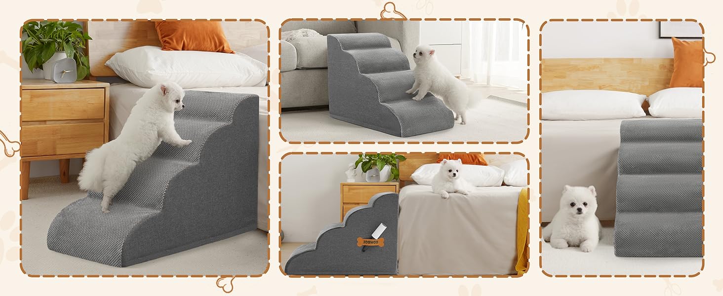 Сходинки для собак та котів ROMROL – 4 сходинки, сірі, з антиковзким покриттям, з м'яким Memory Foam, для захисту суглобів, знімний чохол