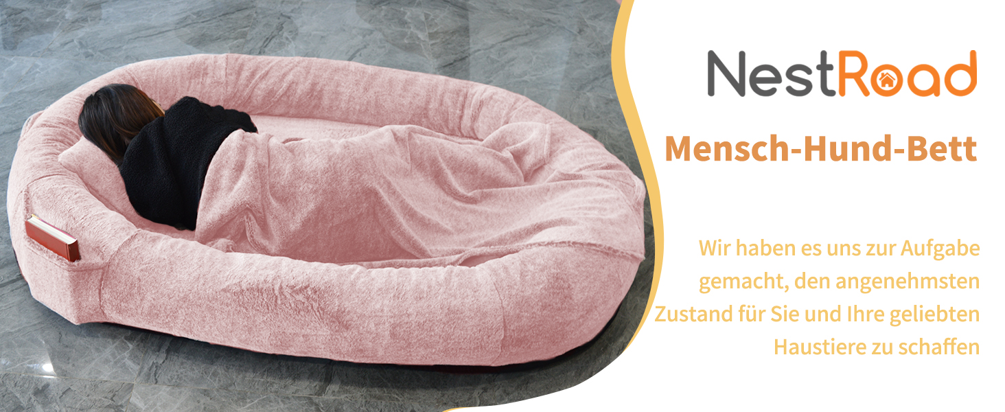 Ліжко для собак та людей NESTROAD, 180x114x35 см, рожеве. Зручне ліжко-мішок з штучним хутром, ковдрою та подушкою.