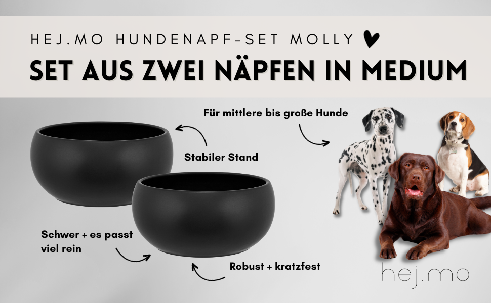 Набір мисок для собак середніх та великих порід hej.mo | 2 шт. діаметром 20 см, об'єм 1,8 л | Кераміка, миється в посудомийній машині, стійкий до подряпин та укусів | Фартушник та миска для води | Чорний