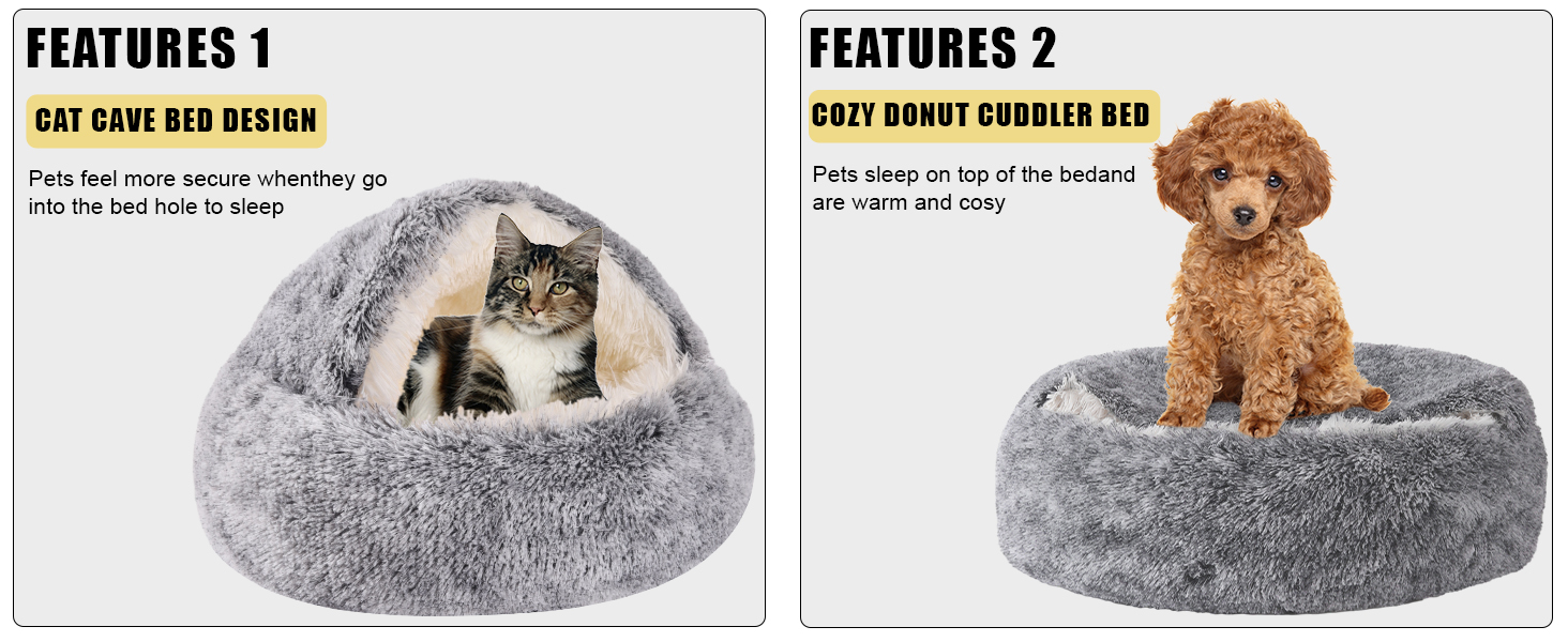 Кругла лежанка-будиночок для котів та собак, м'який плюш, з капюшоном, 60x60 см, колір кавовий