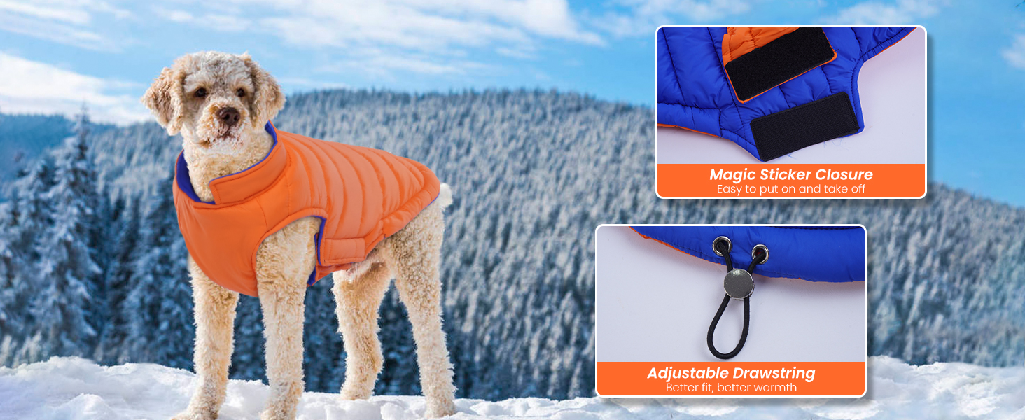 Зимовий одяг для собак Lelepet: тепла водонепроникна куртка для великих собак, двостороння вітрозахисна куртка з застібкою-липучкою, оранжевого та синього кольорів, розмір 2XL