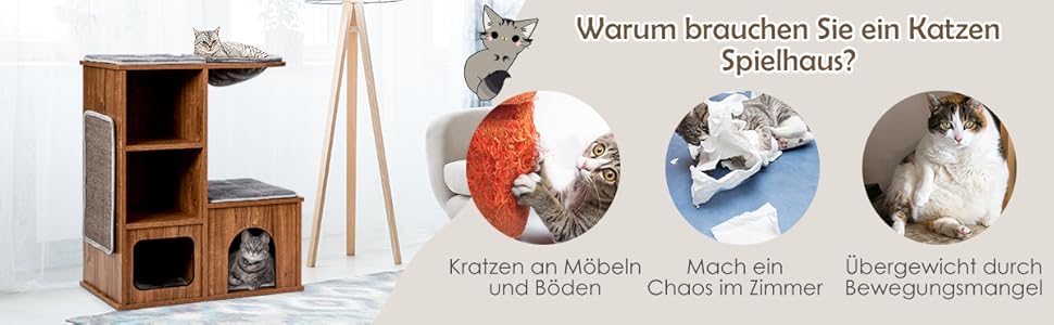 Котячий будиночок GYMAX з когтеточкою 81 см: дерев'яні меблі для котів з когтеточкою, лежаками, гамаком та 2 печерами, до 20 кг