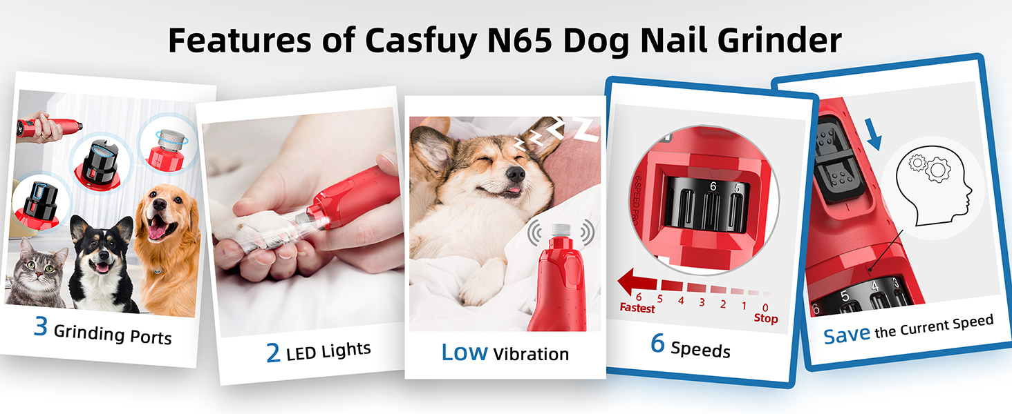 Електричний точило для кігтів собак Casfuy - 6 режимів, 45 дБ, з LED-підсвічуванням, для собак та котів великих, середніх та малих порід. Червоний