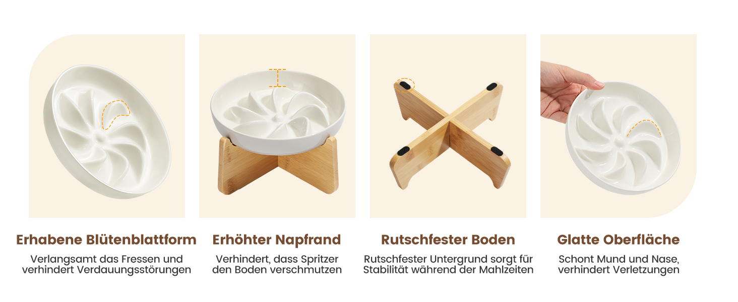 PETTOM Миска для котів протиковзаюча піднята, керамічна миска для котів, повільна годівниця для котів, миска протиковзання для котів та маленьких собак, біла миска + підставка (миска біла-квітка + підставка)