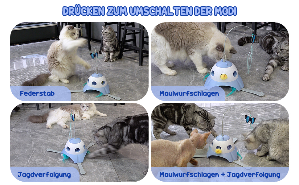 Інтерактивна іграшка для котів FUGODIWI, електрична, 3-в-1, Whack-a-Mole, з USB-зарядкою (блакитна)