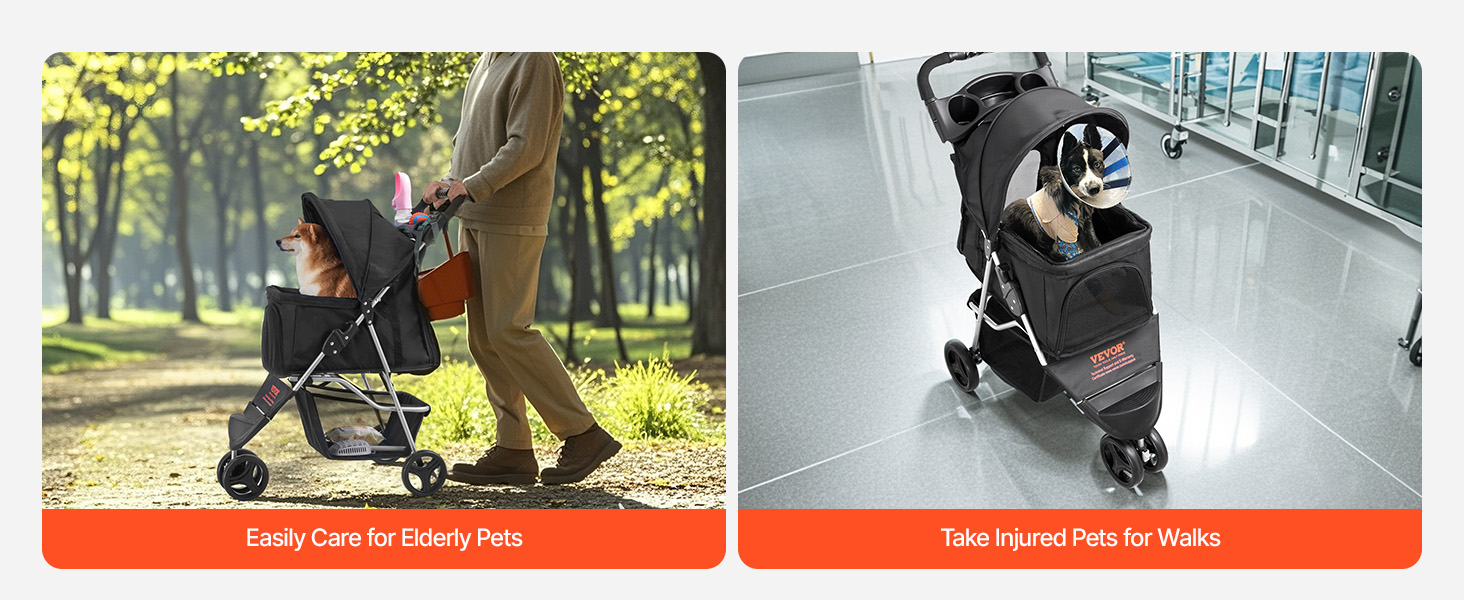 Візок для собак VEVOR, вантажопідйомність 16 кг, складний, для котів та собак, 3 колеса, сітчасті вікна, тримачі для напоїв, гальмо, для маленьких та середніх тварин