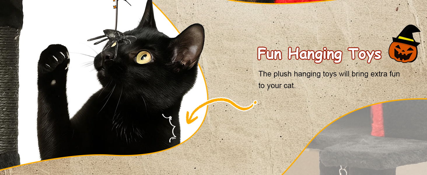 Драматичний котячий комплекс BYBYME в готичному стилі для Хелловін, 158 см, стабільний набір меблів для котів з ліжком, будиночком, гамаком, стовпчиками з сизалю, багатофункціональна котяча ігрова вежа (Чорний/Червоний)