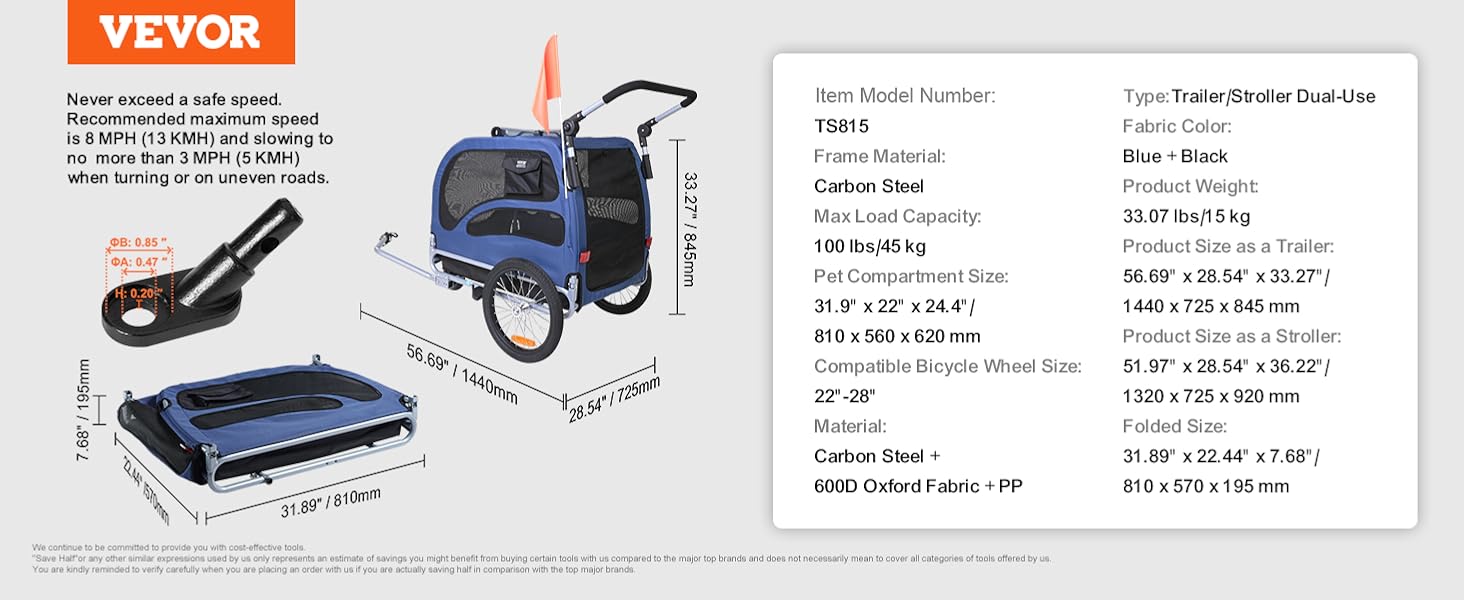 Фургон для собак VEVOR 45 кг 2-в-1: велосипедний/дитячий, сталь + Oxford 600D, синій