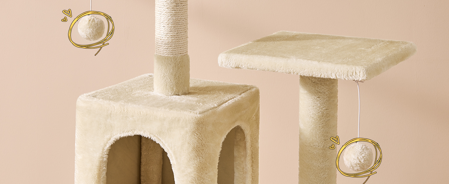 Кігтеточка для котів MSmask велика, багатоярусна, з гамаком та будиночками (150 см, бежева)