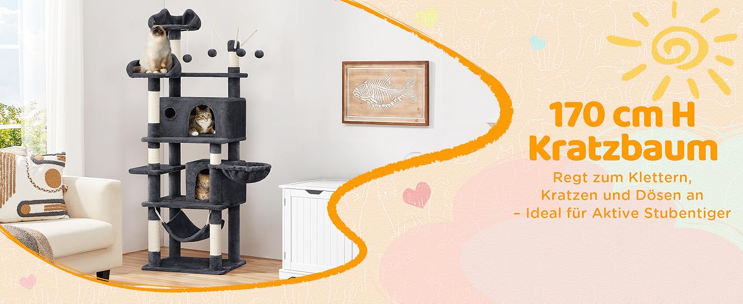 Котячий комплекс Yaheetech 170 см XL: кігтеточка, ліжко, гамак, іграшки, темно-сірий