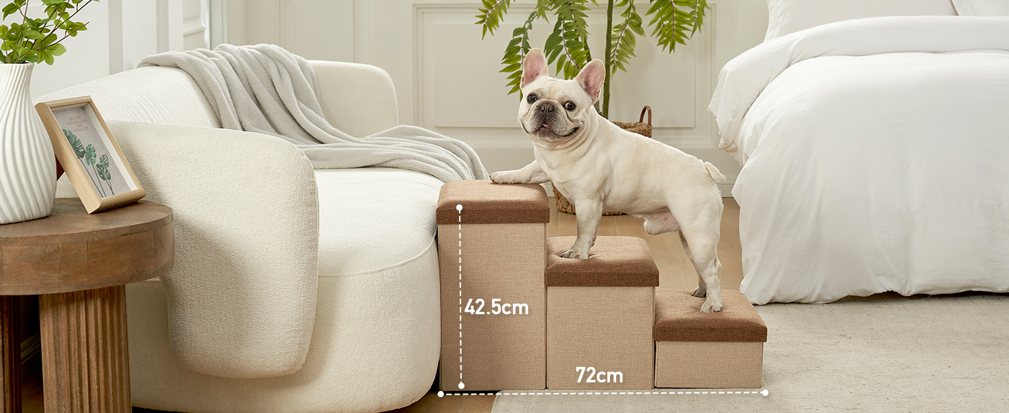 Сходинка для собак маленьких порід зі зберіганням, широка, складна для ліжка та дивану, з неслизьким покриттям, вологостійка (3x97x56 см), колір: коричневий, 4 ступінці, розмір: 43x97x56 см