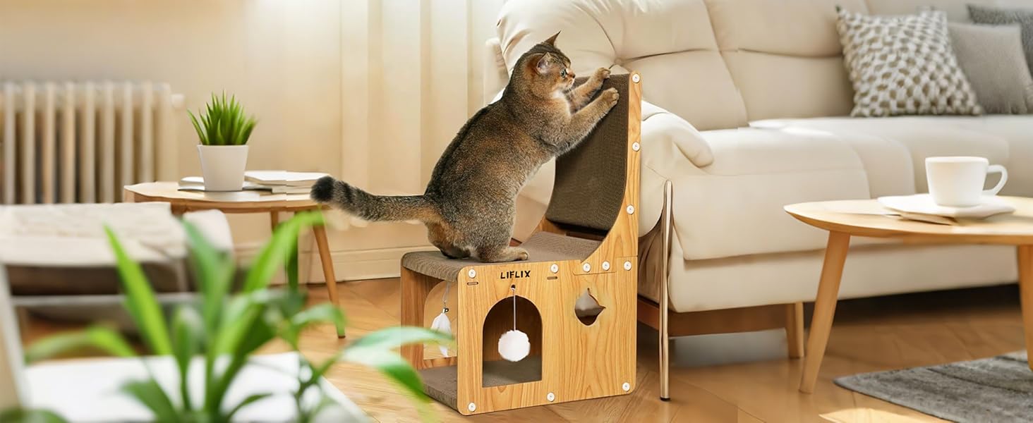 Крізь-дошка для котів LIFLIX L-подібної форми, 67 см, з будиночком для ігор та відпочинку, захист меблів