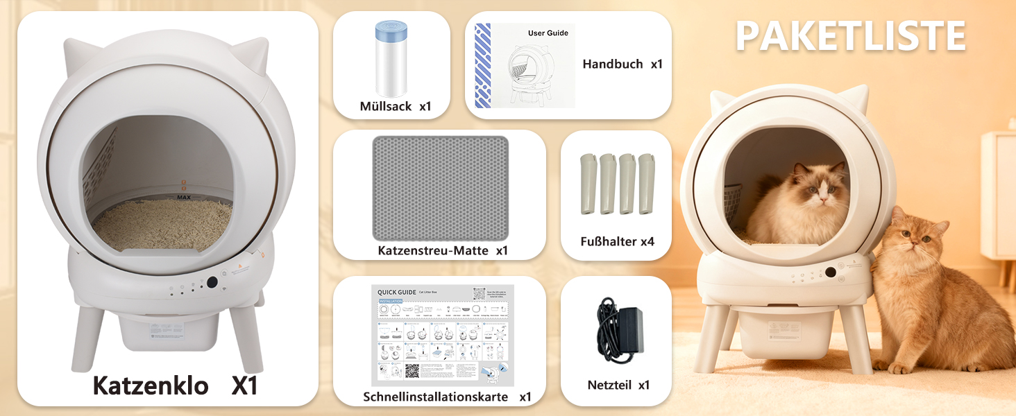 Автоматичний лоток для котів Katzenklo Selbstreinigend 73L з додатком, датчиками безпеки, захистом від запаху та моніторингом здоров'я. Підходить для кількох котів. Коврик для котячого туалету в комплекті. Колір: сірий.