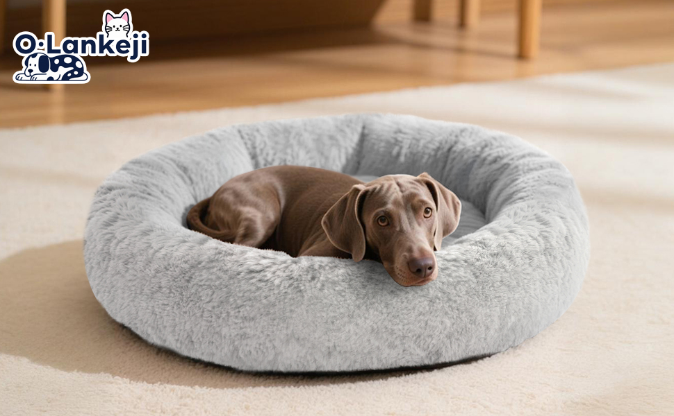 Кругле ліжко для собак O·Lankeji з плюшевого хутра, знімний кошик, для котів та собак, неслизьке дно, для маленьких, середніх та великих собак, сірий колір, M-діаметр 60 см