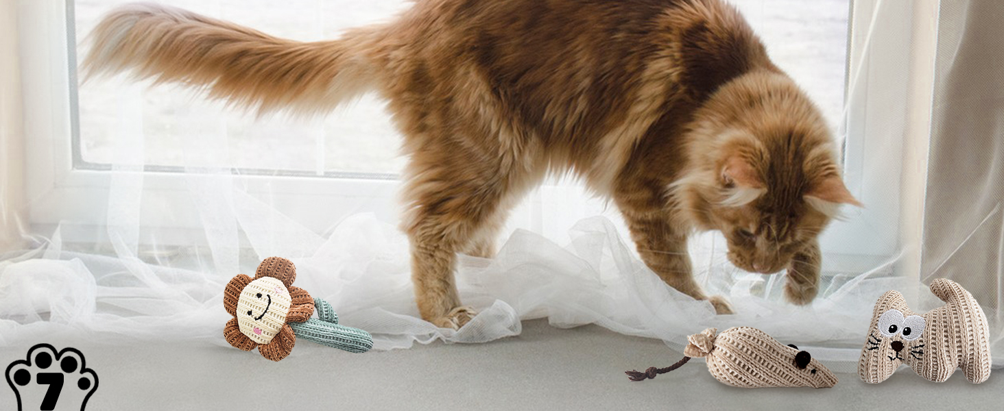 Інтерактивна іграшка для котів CUUOOT 7-в-1: джиґлер, іграшка-пір'їнка, катенок, мотузка для кусання, набір з котячою м'ятою.