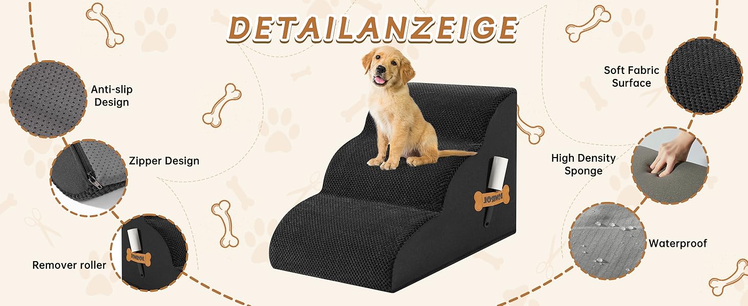 Сходинка для собак та котів ROMROL 3 сходинки - чорна, з неслизьким покриттям, з memory foam, для дому