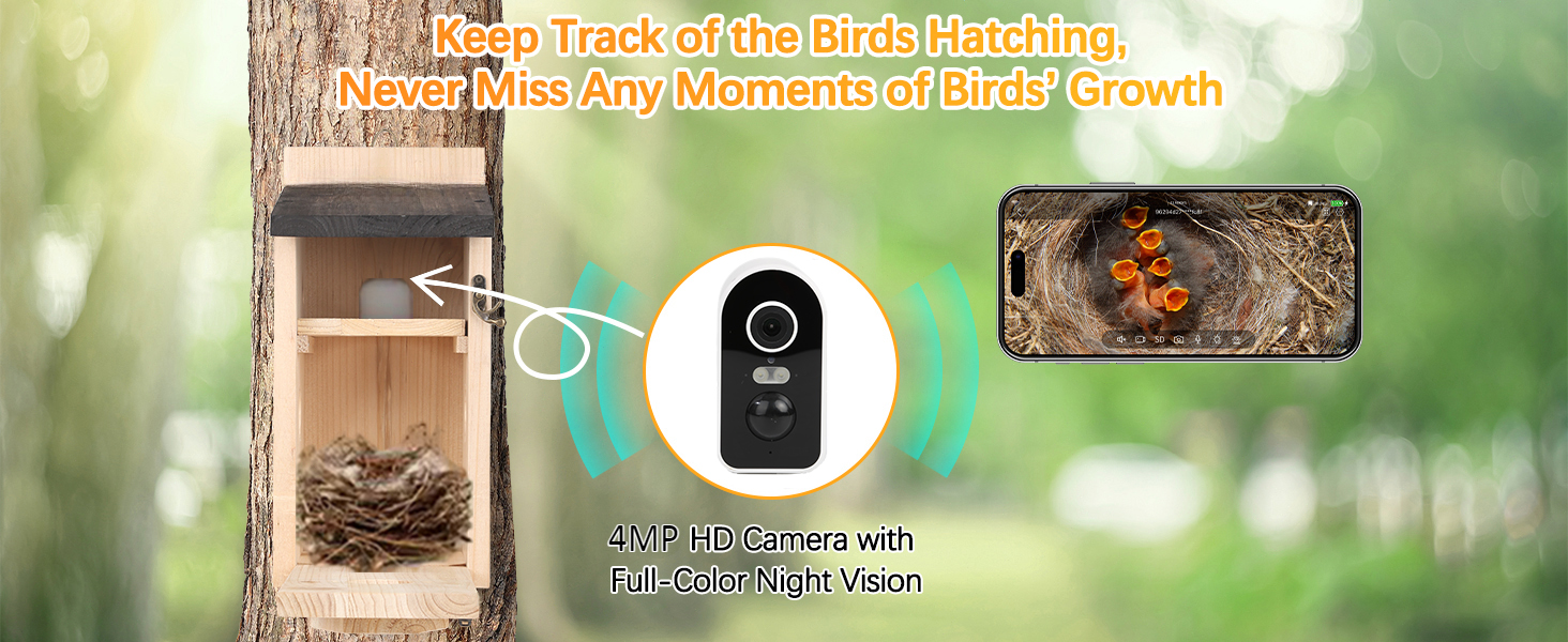 Будиночок для птахів з камерою 4MP HD, WiFi, водостійкий, нічне бачення, автоматичний запис, сповіщення в додатку, для спостереження за гніздуванням