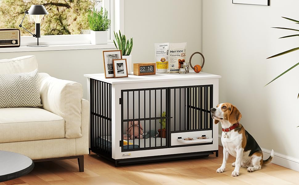 Кія для собак PawHut - переносна будка для собак, біла, 95 x 60 x 68,5 см, з поворотними мисками