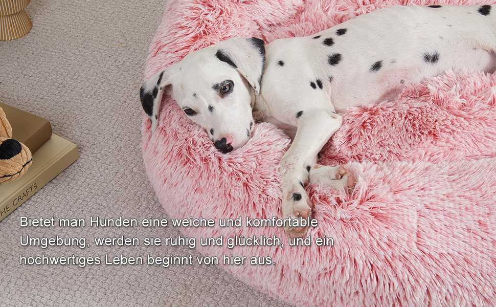 Кругле собаче ліжко Jiupety з м'якої плюшевої тканини, форма пончика, для собак середніх порід, розмір 81 см, зручне та м'яке, можна прати, рожеве, 81 x 81 x 25 см