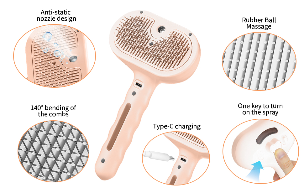 Щітка для котів RCIDOS зі спінером, багатофункціональна щітка-масажер для котів та собак, видаляє шерсть одним натисканням (рожева)