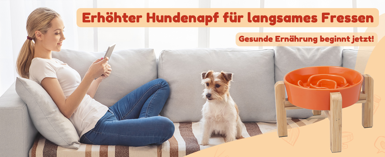 Антислизька годівниця для собак, кераміка, піднята - годівниця для собак на бамбуковому підставці, для повільного годування, для маленьких та середніх собак, білий, діаметр 17 см