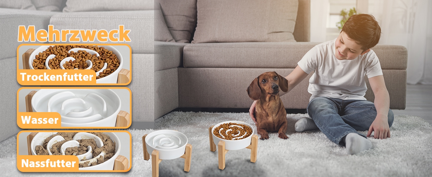 Миска для собак антиблік з кераміки, піднята - миска для собак на бамбуковому антиковзному підставці, миска для повільного годування, для собак маленьких та середніх порід, біла, діаметр 17 см, 1.25 CUP