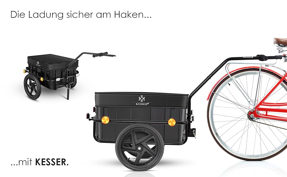 Причіп для велосипеда KESSER®: вантажний, ручний, з кутом висоти, об'єм 70 літрів (2 ящики для пива), чорний