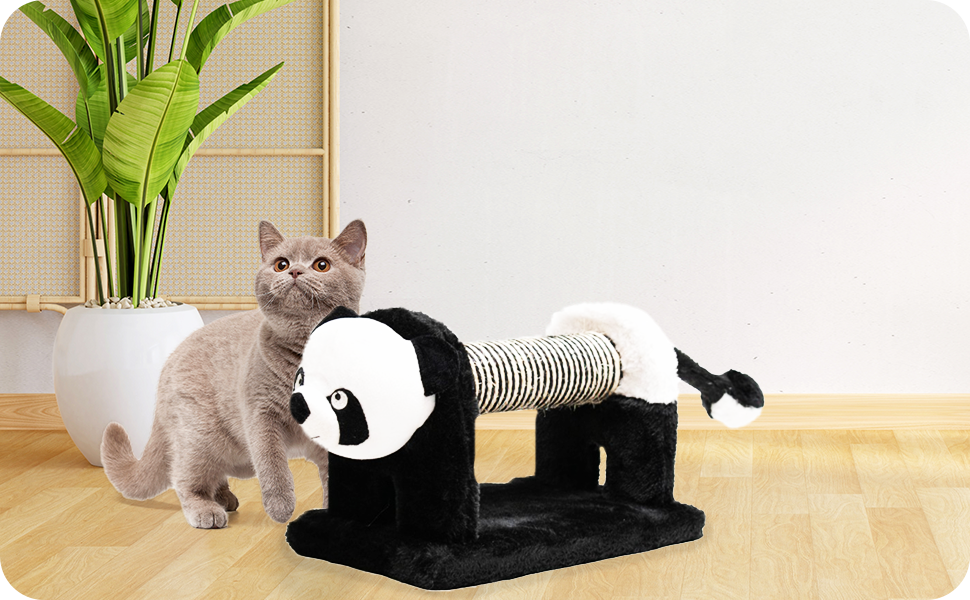 Дряпак для котів з сизалю та плюшу в формі панди, 56 x 18 x 18 см, чорний
